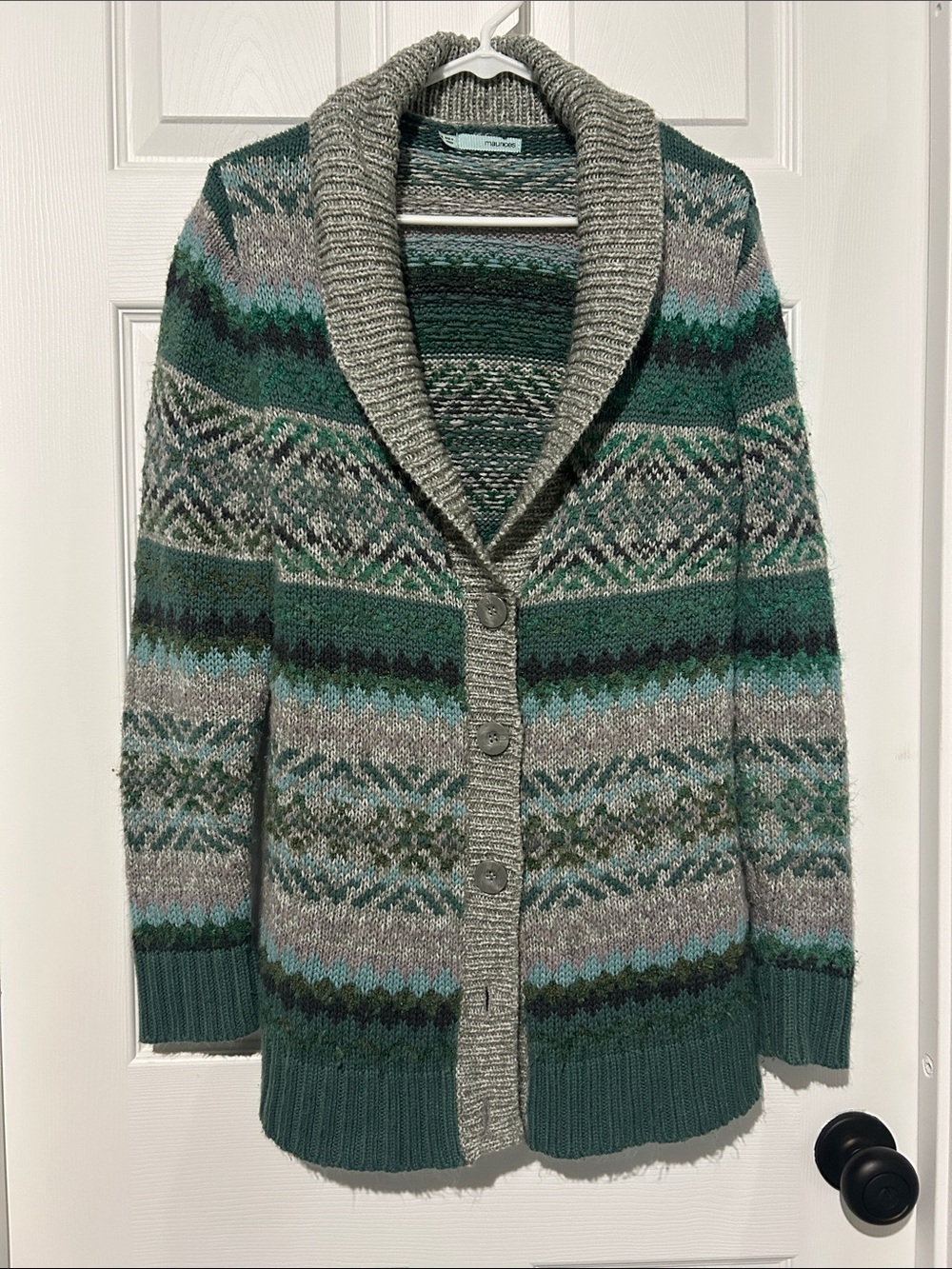 Maurices Green and Gray Fair Isle Shawl-Collar Cardigan Grandma cottage core